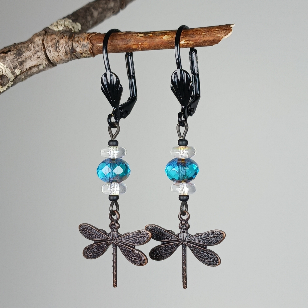 HAND CRAFTED Dragonfly Earrings Blue Czech Glass Beaded Fairycore Boho Nature